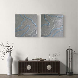 Décoration murale abstraite texturée – Ensemble de 2 pièces | Motif rivière fluide gris et bleu | Décoration moderne sur toile 3D