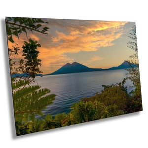 Fine Art Print of a Sunset on Lake Atitlan overlooking its amazing volcanoes in Guatemala, a photo printed on paper, canvas, acrylic, metal