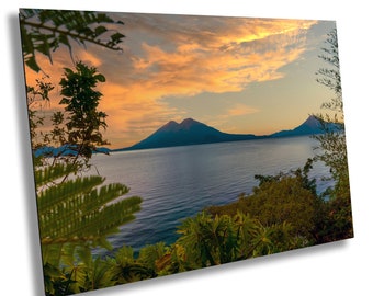 Fine Art Print of a Sunset on Lake Atitlan overlooking its amazing volcanoes in Guatemala, a photo printed on paper, canvas, acrylic, metal