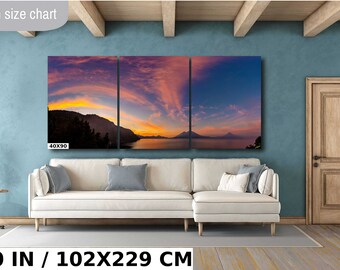 Sunrise on Lake Atitlan overlooking its amazing volcanoes in Guatemala, a photograph printed on premium paper, canvas, acrylic or metal