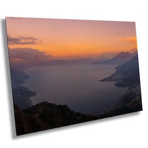Fine Art Print of a Sunset on Lake Atitlan from the Indian Nose, overlooking its amazing volcanoes, on paper, canvas, acrylic or metal