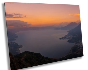 Fine Art Print of a Sunset on Lake Atitlan from the Indian Nose, overlooking its amazing volcanoes, on paper, canvas, acrylic or metal