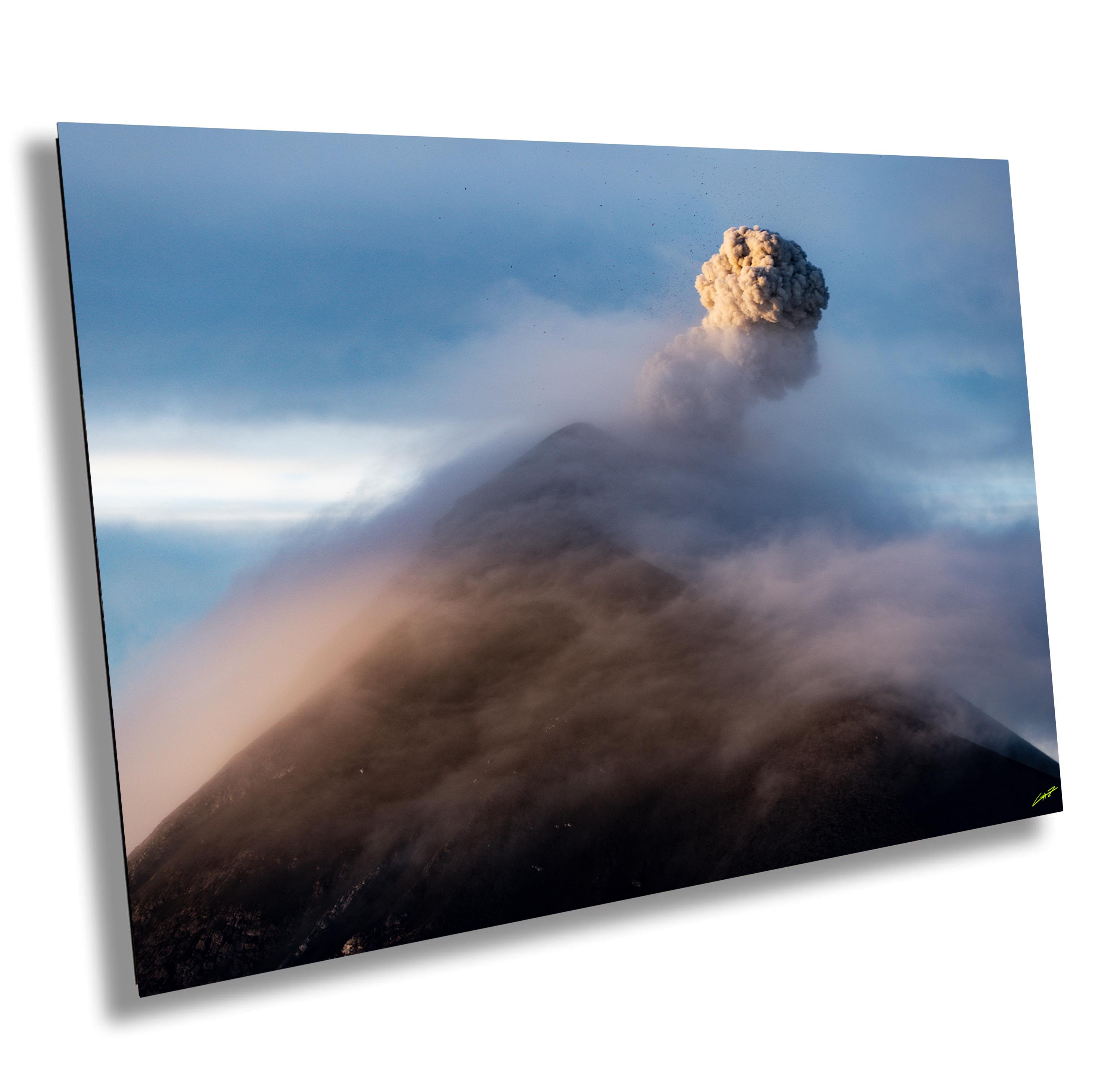Sunrise on Volcan Acatenango overlooking Volcan de Fuego in Guatemala, a photograph printed on paper, canvas, acrylic or metal