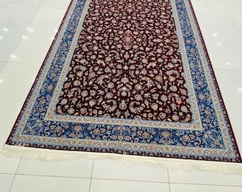 Classic Persian-Style Maroon & Blue Floral Rug with Fringe Edges