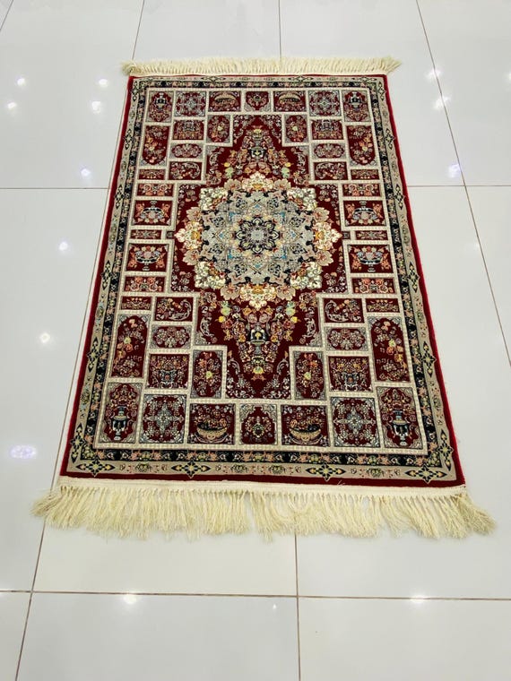 Hand Knotted Wool Persian Rug 4x6 Burgundy Garden Panel Oriental Carpet Handmade in Pakistan