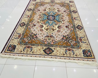 Hand Knotted Wool Oriental Rug 5x8 Gold Beige Blue Medallion Oriental Carpet Handmade Pakistan