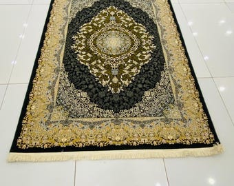Hand Knotted Wool Rug 5x8 ft Black Gold Kashan Carpet Oriental Living Room Rug Handmade in Pakistan