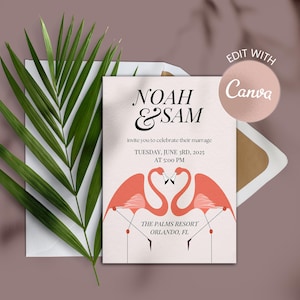 Illustration personnalisée faire-part de mariage flamant rose, mariage gay, modèle de toile, tropical, Palm Springs, unique, imprimable, papeterie créative