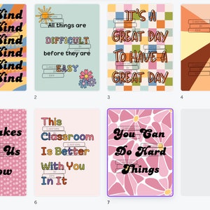Affiches rétro de décoration de salle de classe | Décorations pour enseignants | Affirmations | Carte d'anniversaire | Offres d'emploi | Formes | Couleurs | Niveaux de voix | Sentiments