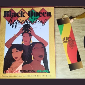 Black Queen Affirmations - Self-Love ~ Motivation ~ Healing: Therapeutic journal, word search and coloring book + mini coloring pencils