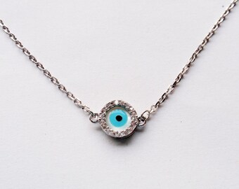 Celebrity Sterling Silver Mother of Pearl Evil Eye Necklace-Double sided with CZ stones