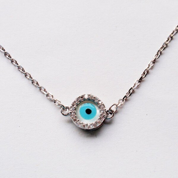 Celebrity Sterling Silver Mother of Pearl Evil Eye Necklace-Double sided with CZ stones