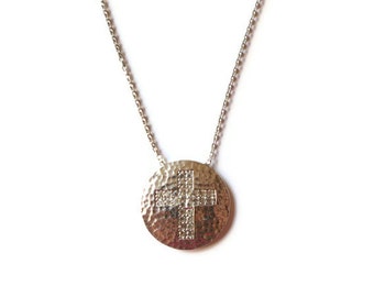 Sterling Silver Cross Swarovski Hand Hammered Round Disk Necklace