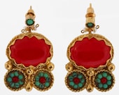 Red Agate and Turquoise Earrings - Antique Style - Gold Plated - Bohemian Earrings
