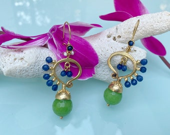 Butterfly Earrings in Blue and Green - Semiprecious Stones - Bohemian - Gold Plated - Hand Hammered