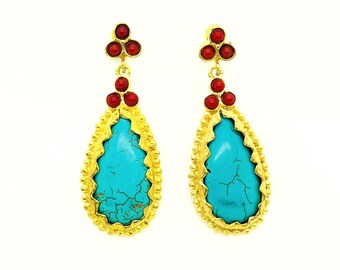 Large Turquoise Teardrop and Red Coral Earrings