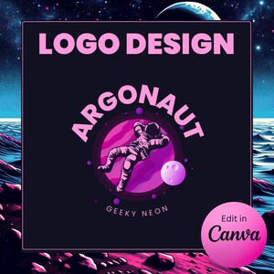May include: A retro-style logo design for a company called "Argonaut" with a cartoon astronaut in a purple and pink planet. The text "Geeky Neon" is below the astronaut. The logo is set against a black background.