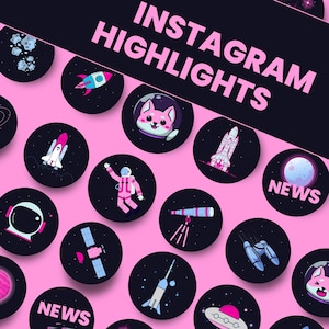 Instagram Highlight Covers - Neon Space Vibes - Editable Canva Templates - Futuristic Pink, Turquoise & Dark Blue Geeky Neon IG Highlights.