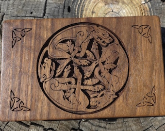 Interchangeable Crochet Hook Necklace Hook display box, ergonomic style handle & hooks storage, 100% black walnut Book of Kells Running Dogs