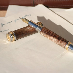 Majestic 22kt Gold Plated and Rhodium Fountain Pen - Curly Mango Stablized Wood