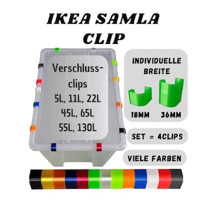 Könnte beinhalten: Ein Set mit vier durchsichtigen Plastik-Aufbewahrungsbox-Clips mit bunten Gummibändern. Die Clips sind mit "IKEA SAMLA CLIP" beschriftet und in zwei Größen erhältlich: 18 mm und 36 mm. Der Text auf der Box lautet "Verschluss-clips 5L, 11L, 22L 45L, 65L 55L, 130L INDIVIDUELLE BREITE SET = 4CLIPS VIELE FARBEN".