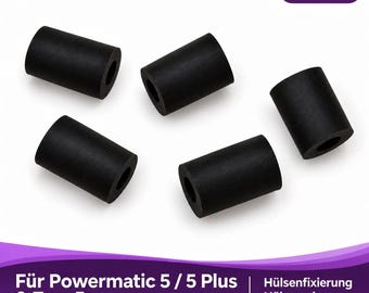Könnte beinhalten: Ein Set aus fünf schwarzen zylindrischen Silikontüllen. Der Text 5er-Set steht in der oberen rechten Ecke. Der untere Text lautet Für Powermatic 5 / 5 Plus & Zorr 5, Hülsenfixierung, Hülsenerkennung und Geliefert werden ausschließlich 5 Silikontüllen.