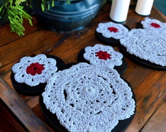 2 Mickey Mouse Disney Inspired  Drink/Candle Coasters Wood Crochet - Nice Size- Gift Idea