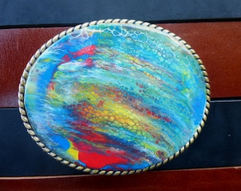 Leather Hand Painted Belt Buckle set in Antiqued Brass Oval Buckle, Acrylic Pour Art
