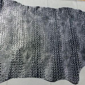 Pigskin leather hide Large Metallic Silver on Black Crocodile Embossed