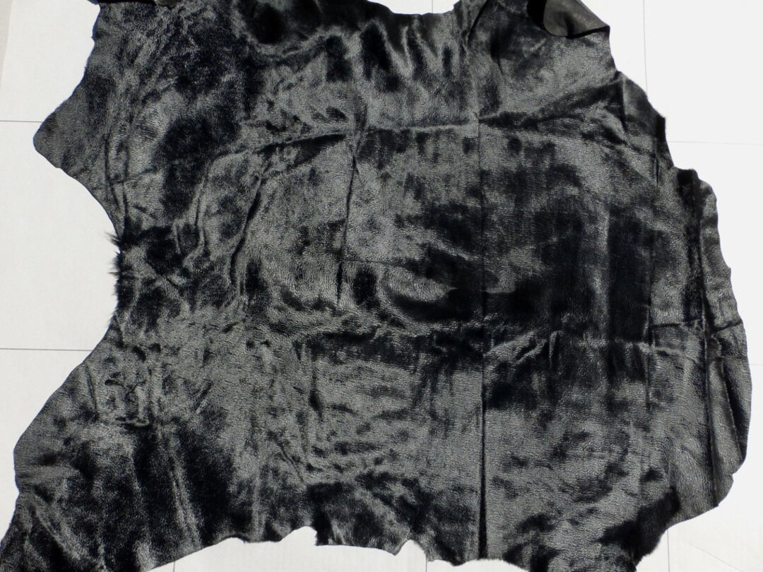 Calfskin Hair on Leather Hide Top Grade Jet Black Silky Ripple Haired