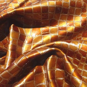 calfskin leather hide Amber & Butterscotch Crocodile Embossed glossy finish
