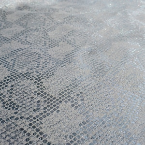 Può includere: Primo piano di un tessuto argentato con motivo a pelle di serpente. Il tessuto ha un leggero luccichio e una superficie testurizzata.