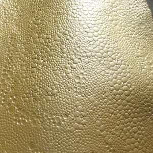 Può includere: Primo piano di una superficie strutturata color oro. La superficie presenta un motivo di piccoli rilievi circolari, creando un aspetto simile a quello di un rettile. Il colore è un oro caldo e metallico.