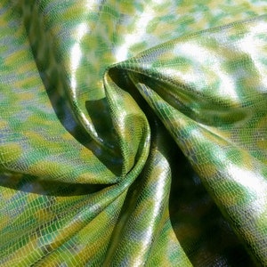 Pigskin leather hide Lizard Print in Mottled Metallic Silver, Green & Yellow