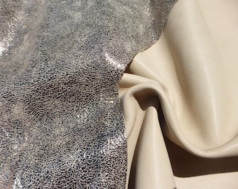 Goatskin leather Double Sided hide Metallic Black Crackle Finish on Vanilla