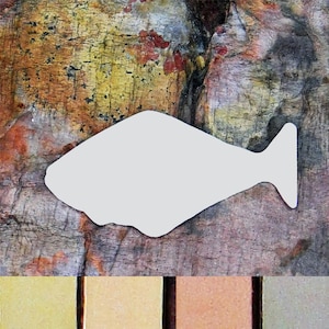 May include: Abstract art painting with a white fish shape on a textured background. The background is a mix of brown, orange, yellow, and gray colors. The bottom of the image shows a row of three color swatches: a light yellow, a light orange, and a light gray.