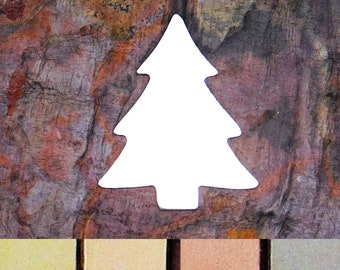 May include: White cutout of a Christmas tree shape on a brown, textured background. The background has shades of brown, orange, and gray.