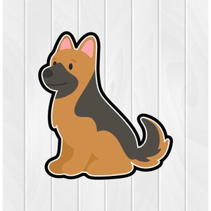 May include: A cartoon illustration of a brown and black German Shepherd dog sitting with its ears perked up and its tail curled.