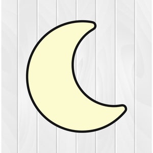 May include: A yellow crescent moon shape with a black outline against a white woodgrain background.