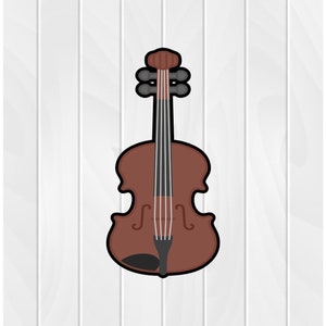 May include: A brown violin with black strings and tuning pegs against a white woodgrain background.