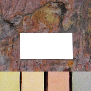 May include: A white rectangular sign with a rough, textured, multi-colored background. The background has shades of brown, red, orange, and yellow. The sign is surrounded by a border of four different colored swatches: a light yellow, a light beige, a light orange, and a light gray.