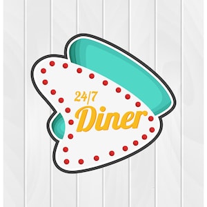 Cookie Cutter 50&#39;s DINER SIGN #1 2&quot; 2.5&quot; 3&quot; 3.5&quot; 4&quot; 4.5&quot; 5&quot; 3D Printed PLA Food Shapes Fondant Food Shapes Clay Cutters Sock Hop Retro