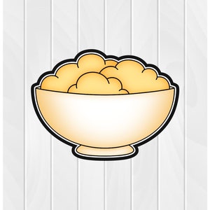 May include: A white bowl filled with yellow popcorn. The bowl has a black outline and a light yellow gradient.