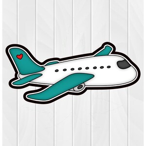May include: A cartoon airplane with a teal body and white wings. The airplane has a small red heart on the tail.