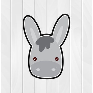 May include: A cartoon illustration of a gray donkey with big ears and large brown eyes. The donkey is looking directly at the viewer.