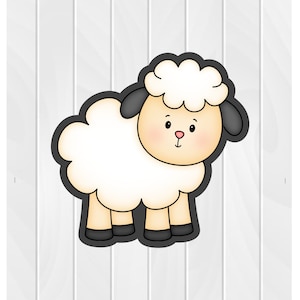 May include: A cartoon illustration of a white sheep with black hooves and ears. The sheep has a fluffy white head and a pink nose.