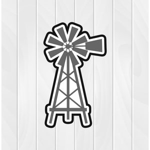 May include: A black and white illustration of a windmill with a gray blade. The windmill is on a white wooden background.