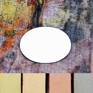 May include: A white circle on a textured background with a variety of colors, including brown, orange, and gray. Below the circle are four rectangular swatches of color: light beige, beige, light brown, and gray.