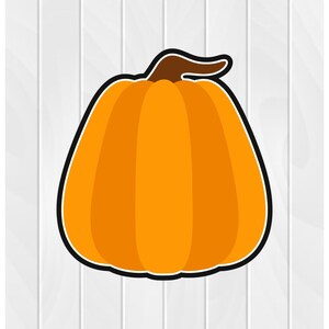 May include: A cartoon illustration of an orange pumpkin with a brown stem on a white wood background.