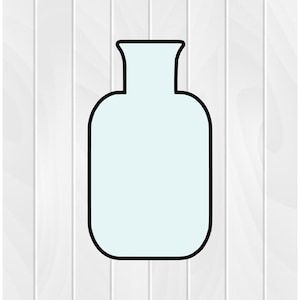 May include: A clear glass bottle with a rounded bottom and a narrow neck. The bottle has a black outline.